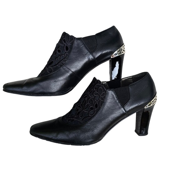 Brighton Shoes - Brighton Black Leather Heeled Shoes with Lace Detail Silver Embellished 7.5 Med